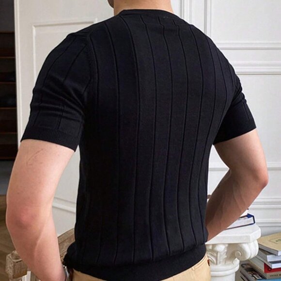 Black Preppy Womens Men Solid Ribbed Knit Top - Picture 2 of 3